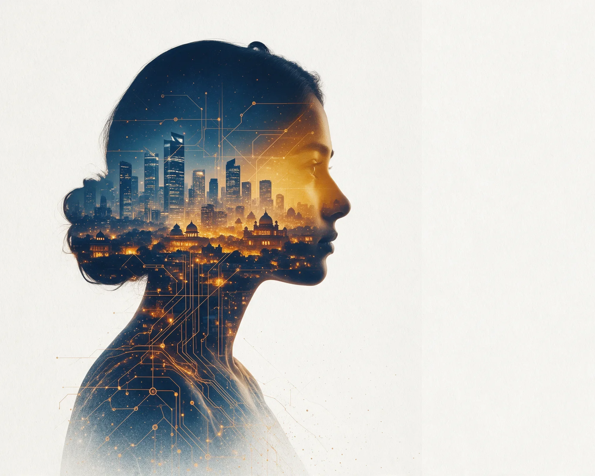 Collage of a woman's profile filled with a glowing city skyline and circuit lines