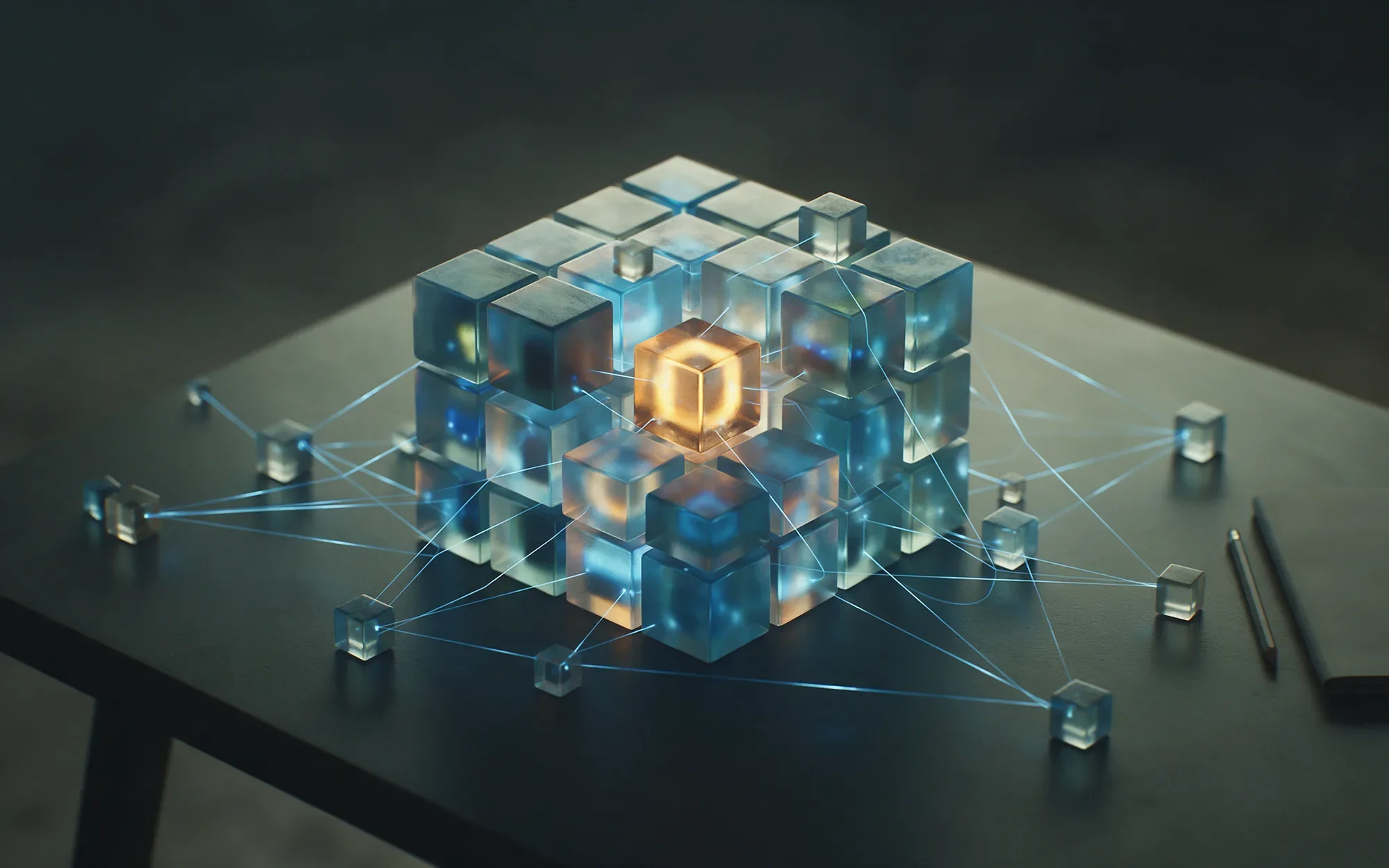Glowing glass cubes linked like a neural network