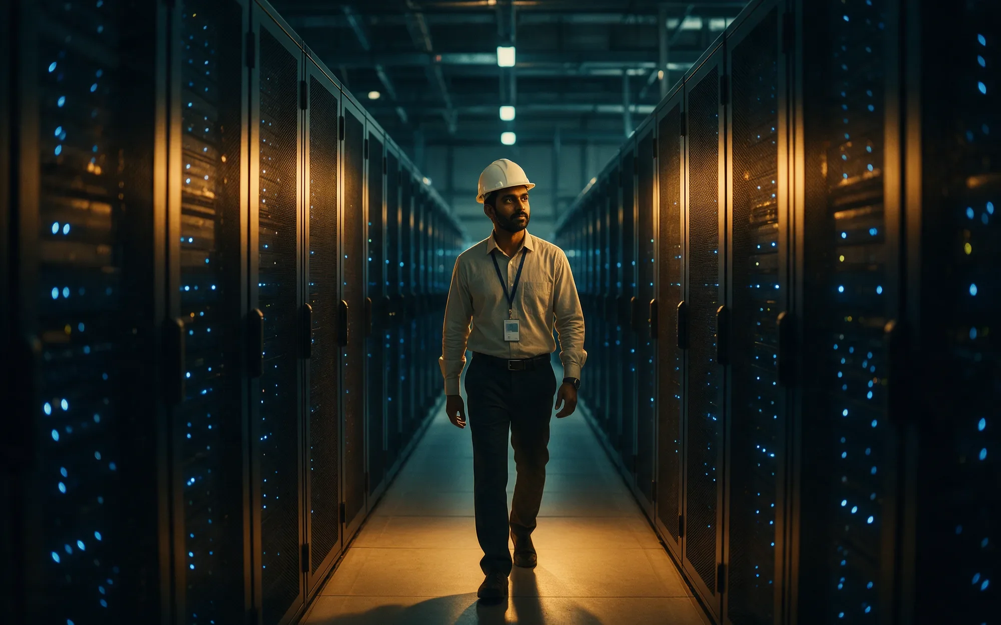 An engineer walking down an aisle of server racks in a data centre