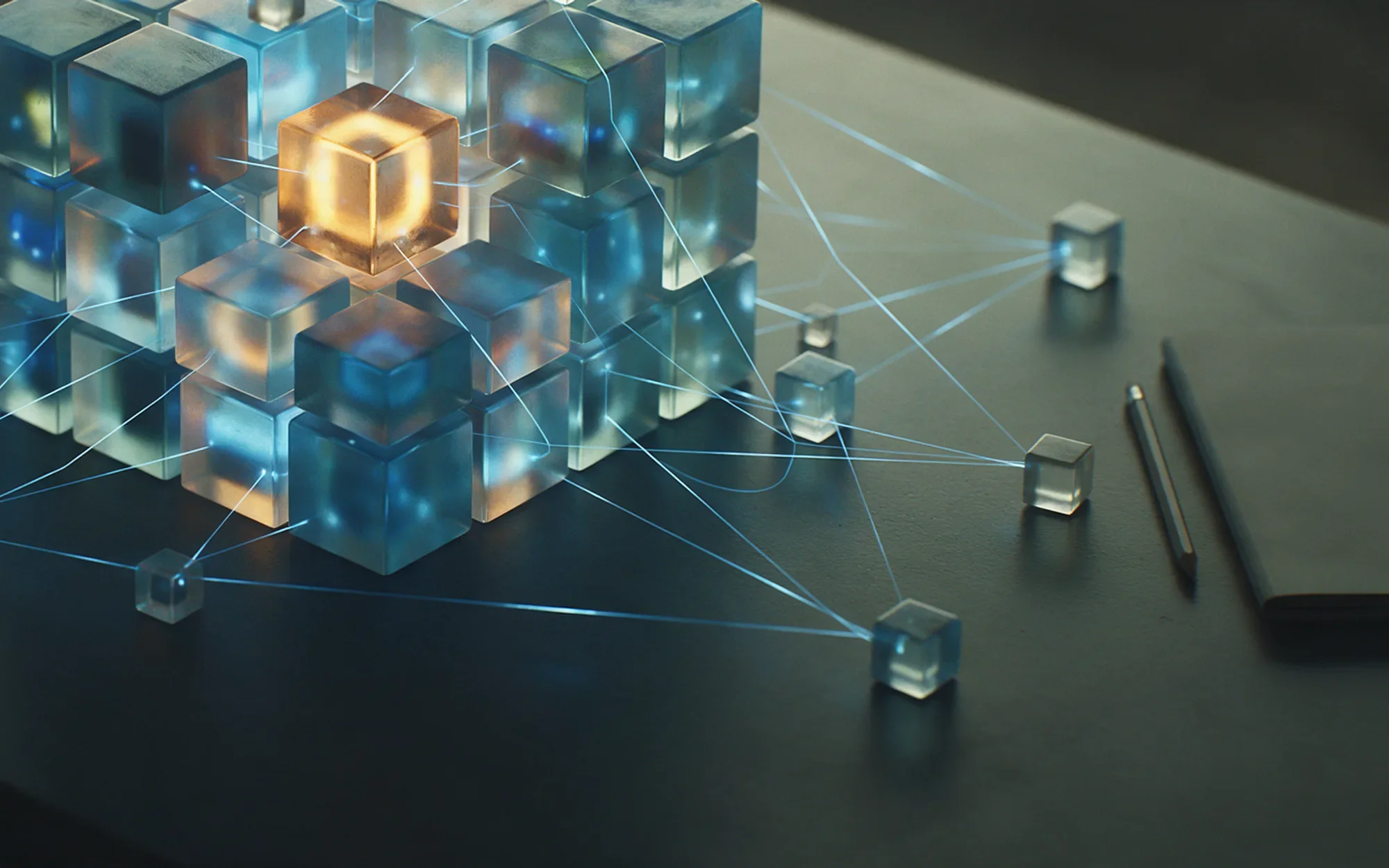 Glowing glass cubes linked like a neural network, beside a notebook