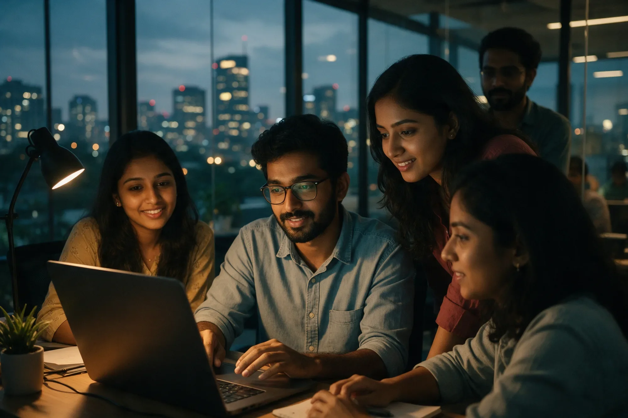 A young team working together around a laptop at dusk