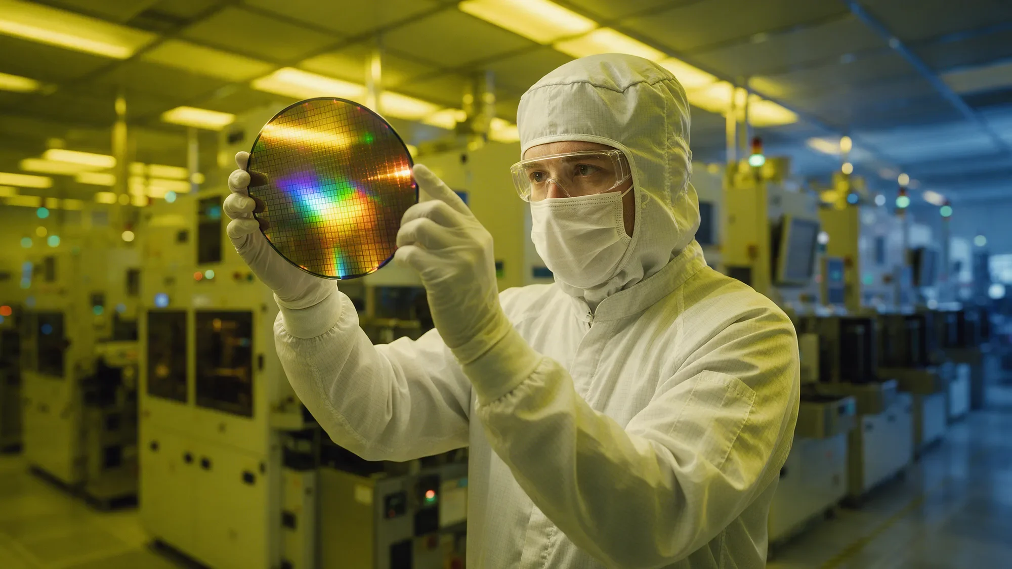 A technician holding up a silicon wafer in a chip fab clean room