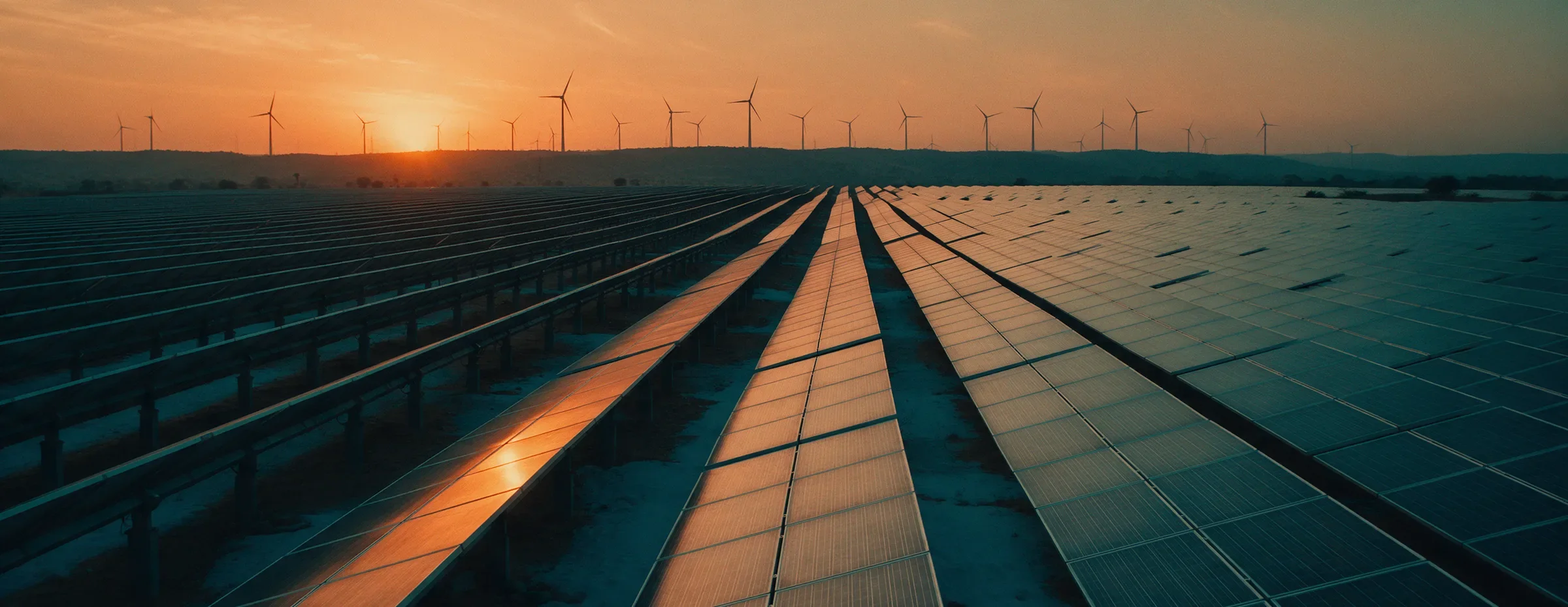 A solar farm stretching to the horizon at sunset with wind turbines beyond