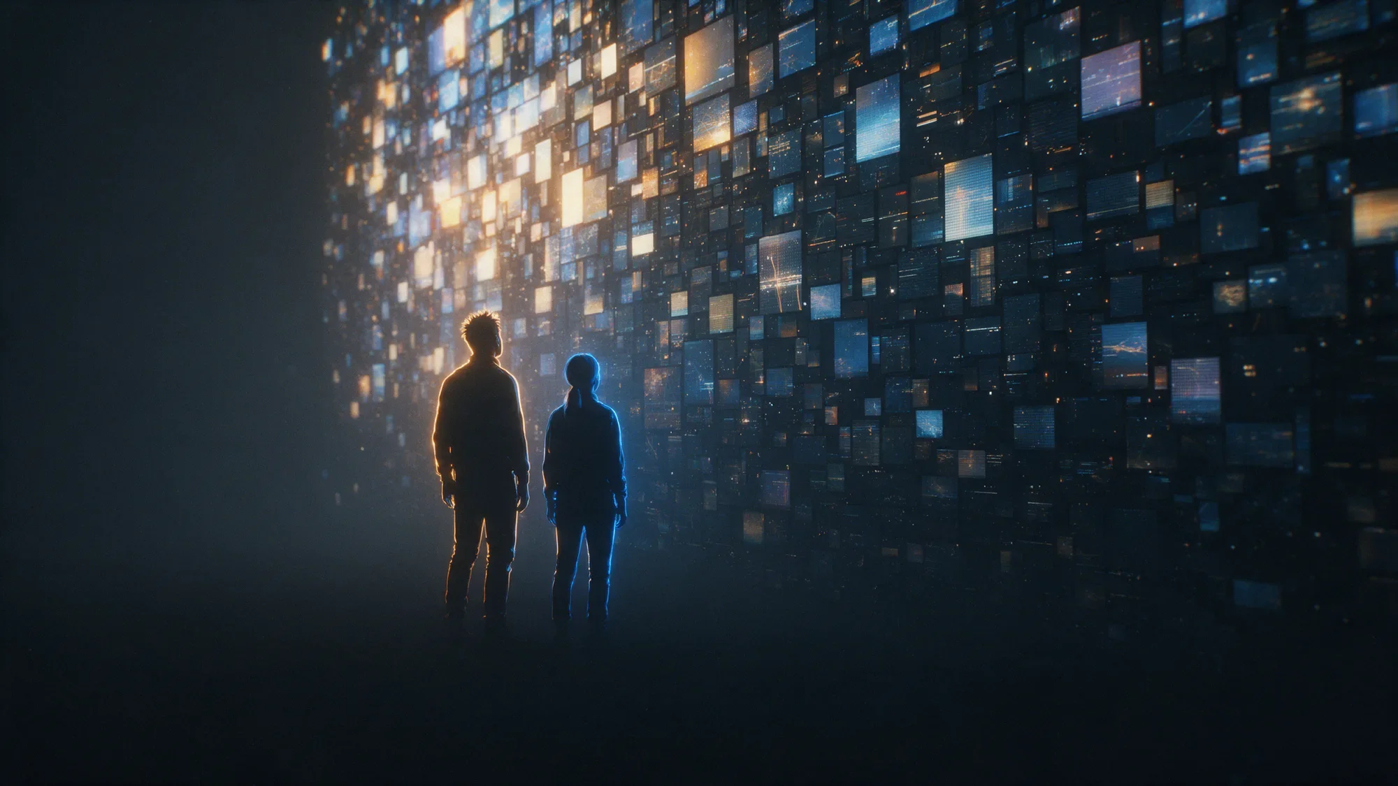 Two people silhouetted before a wall of glowing screens