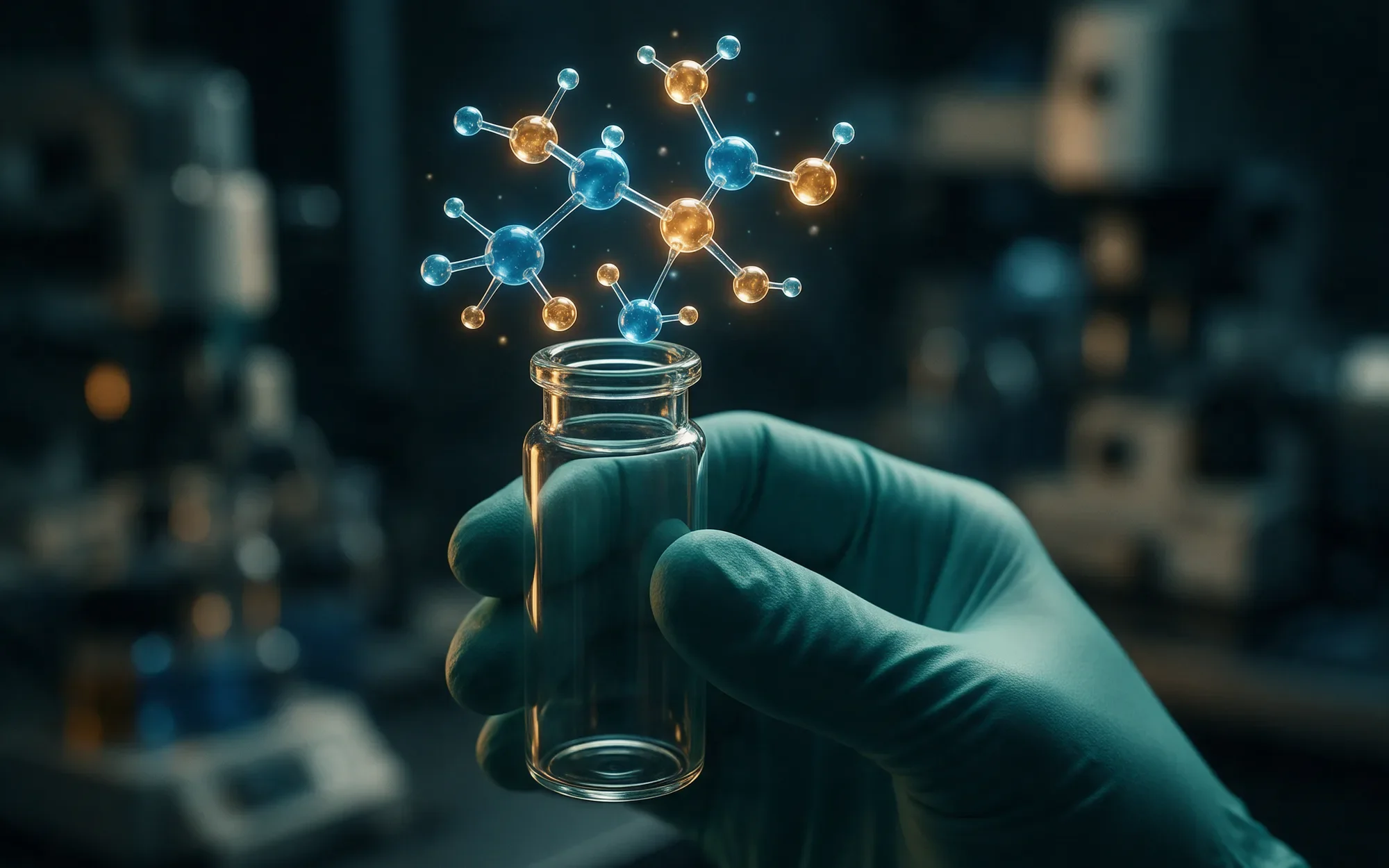 A gloved hand holding a vial under a glowing molecular model