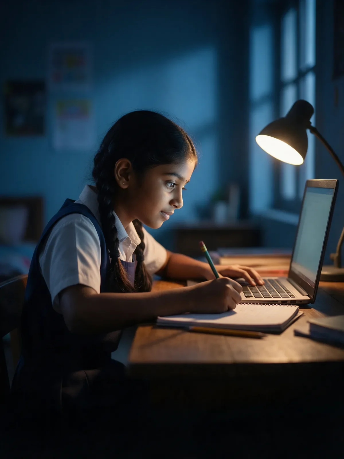 A schoolgirl studying at a laptop by lamplight