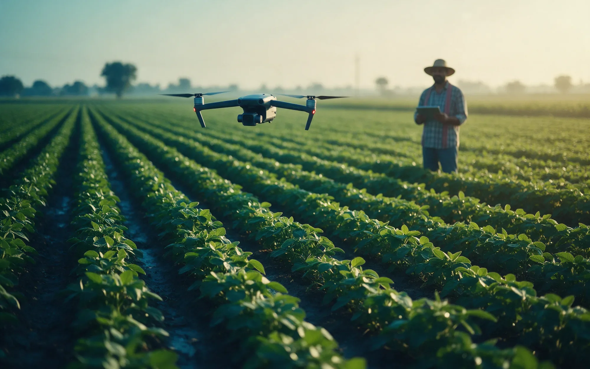 A drone flying over green farm fields with a farmer holding a tablet