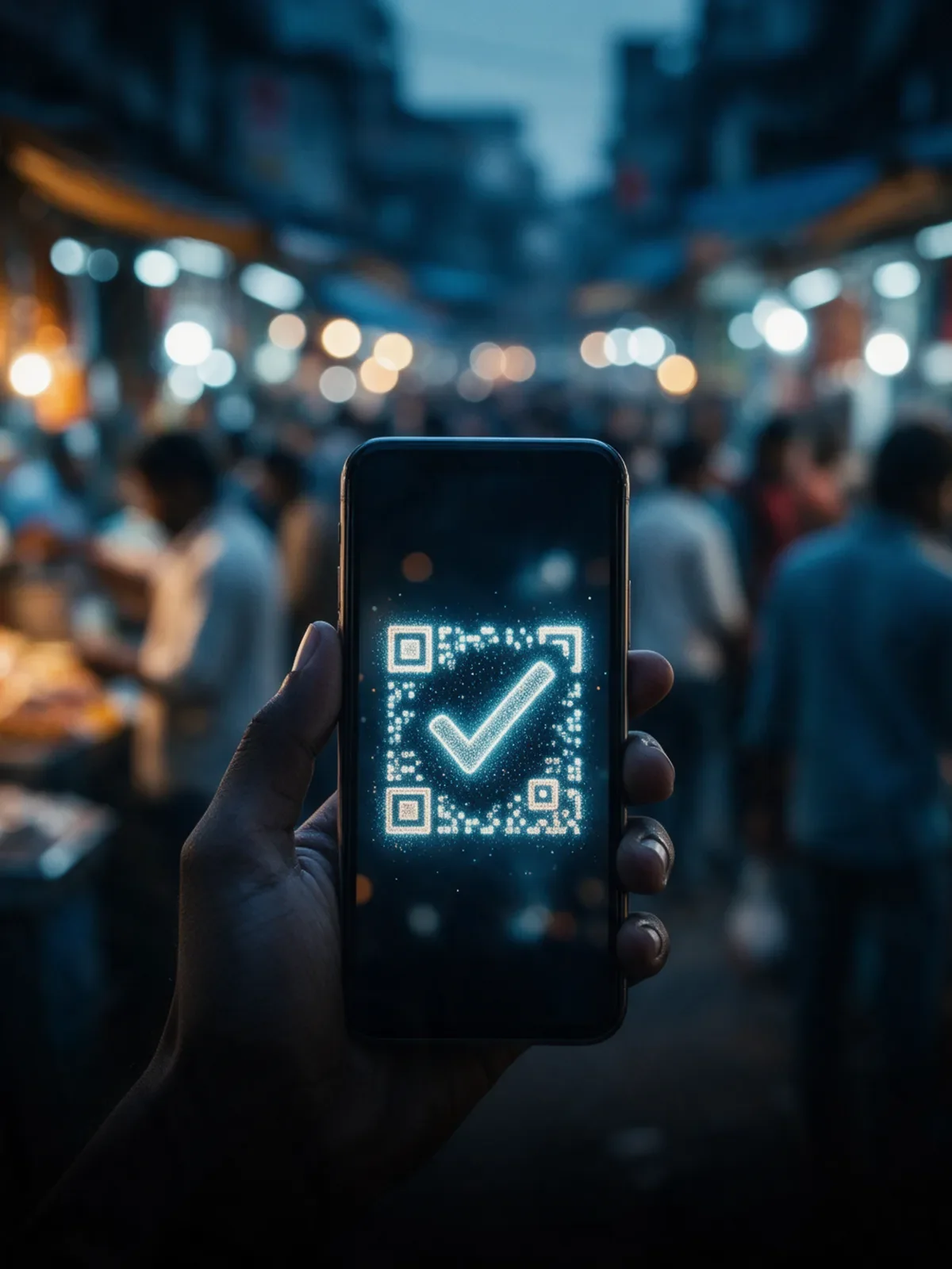 A hand holding a phone showing a payment confirmation at a night market