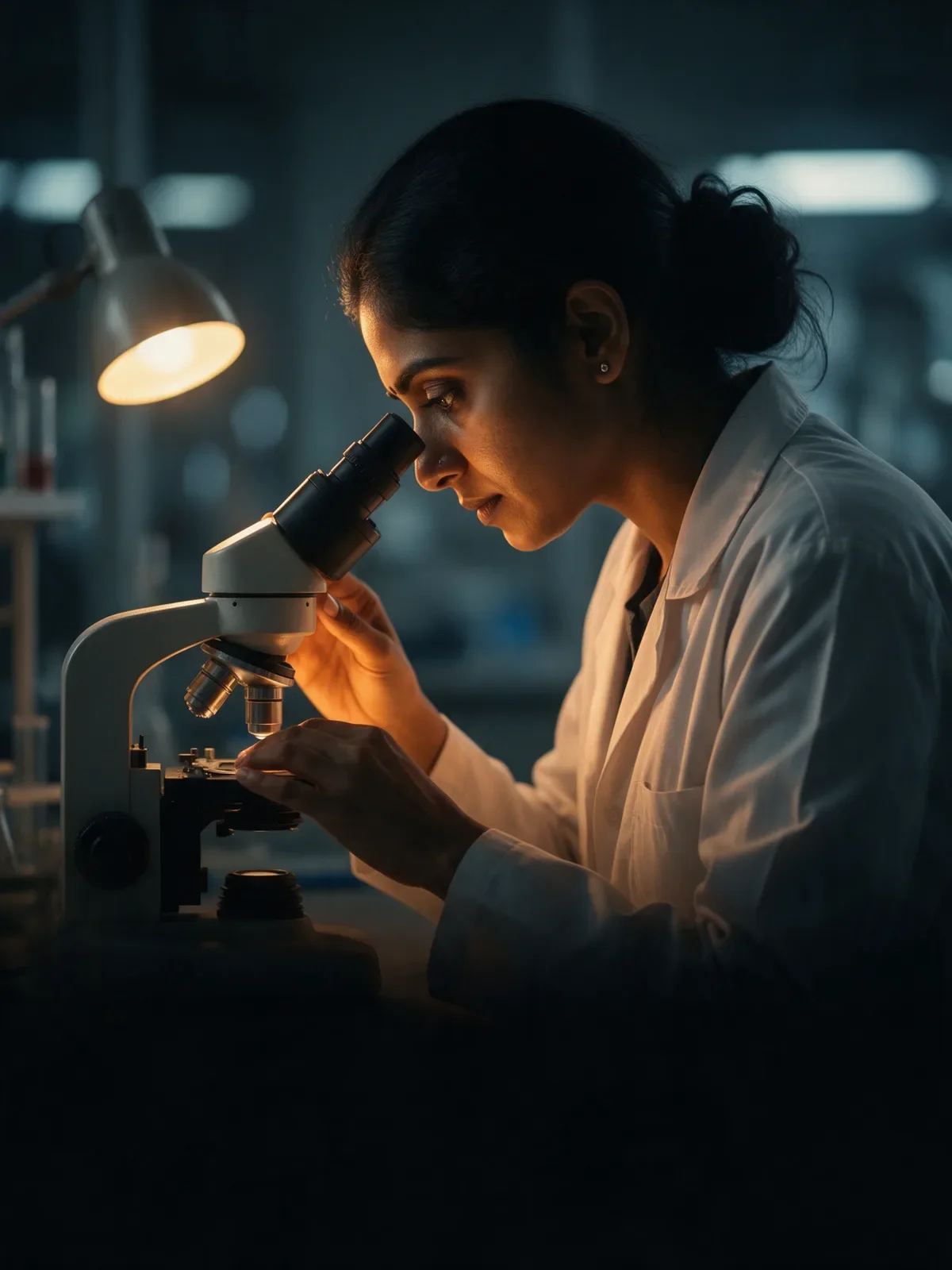 A scientist looking into a microscope in a laboratory