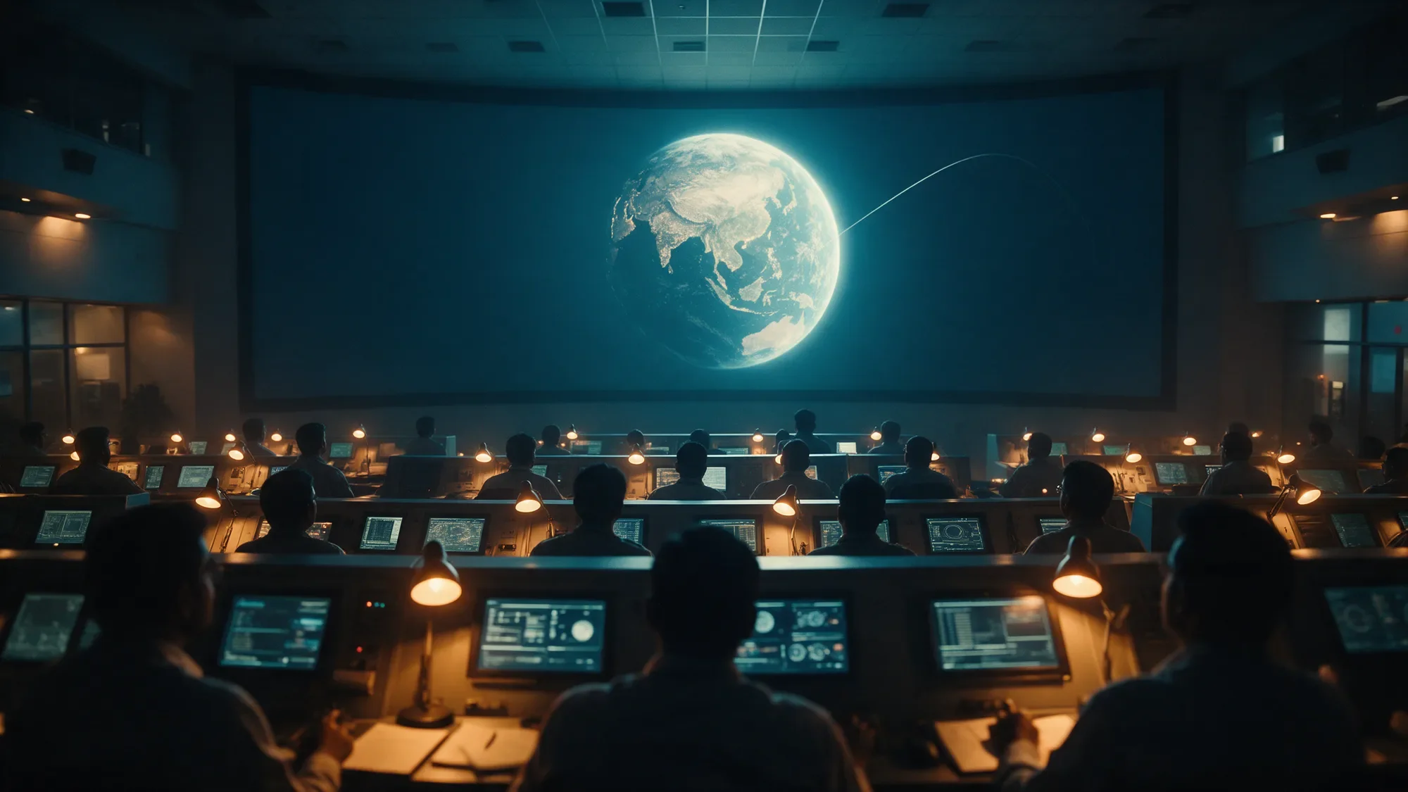 Engineers in a mission control room watching the Earth on a giant screen