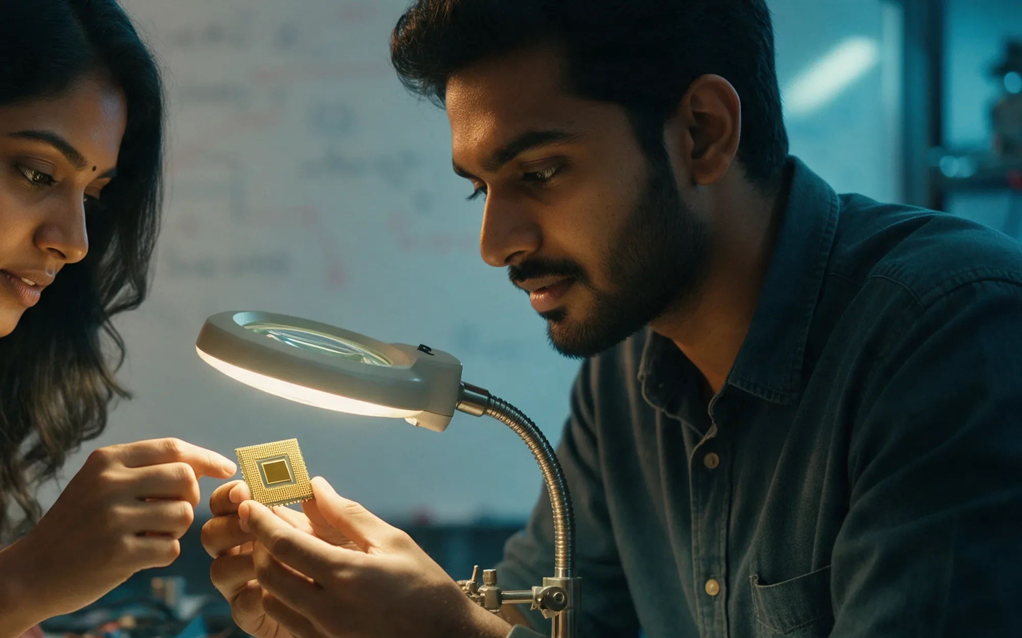 A founder examining a small quantum chip under a magnifier lamp