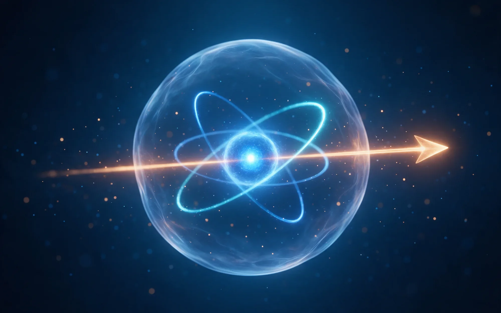 A glowing sphere with orbital rings representing a qubit
