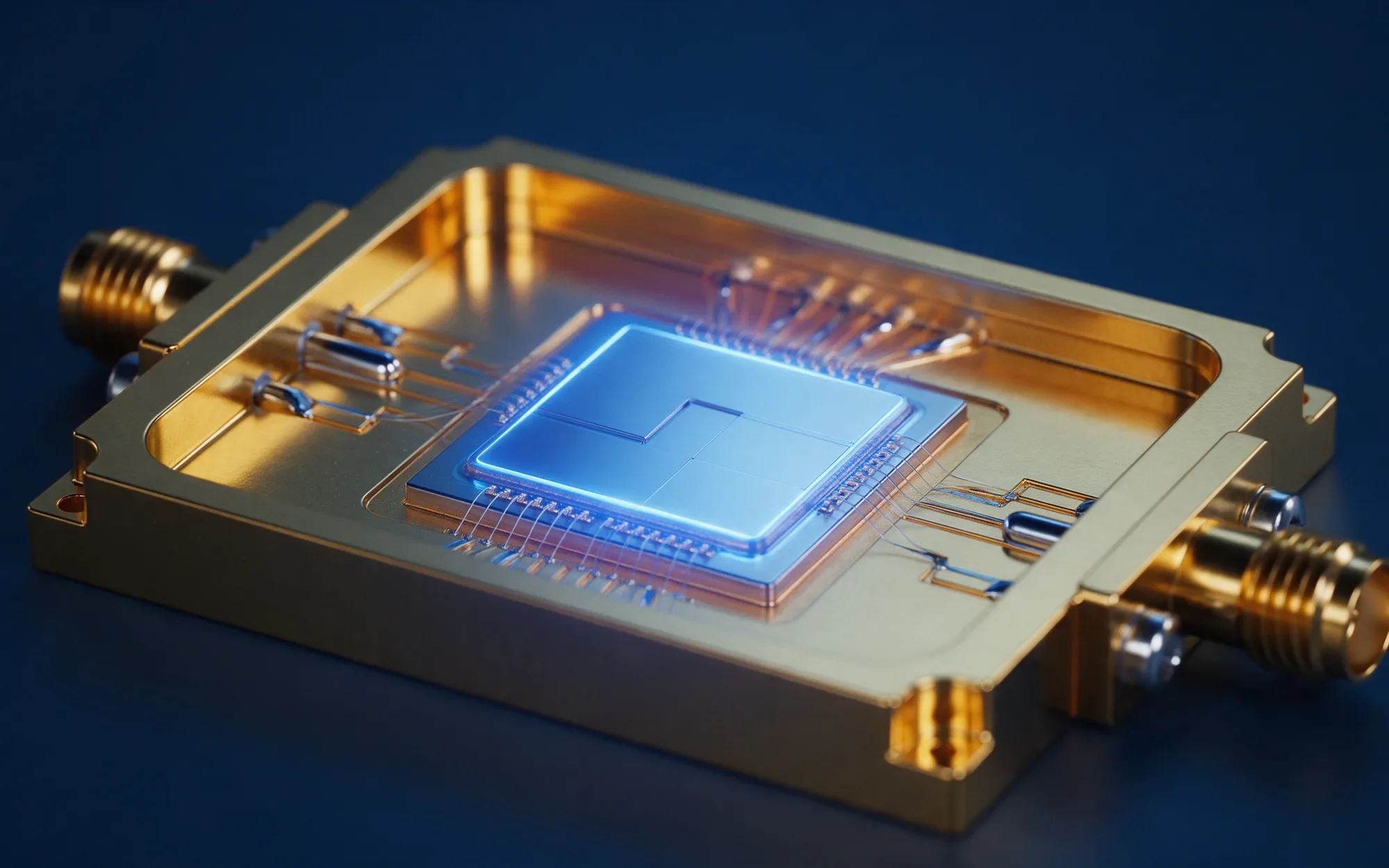 A quantum processor chip in a gold sample holder