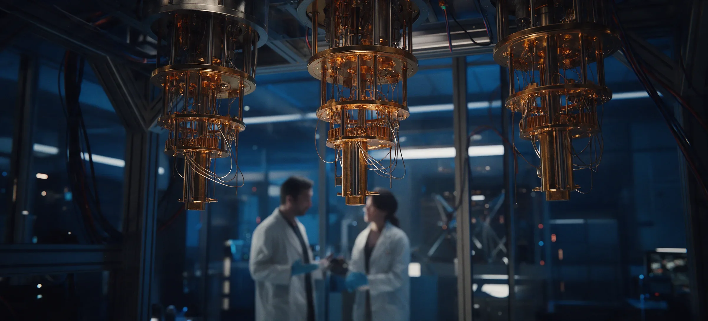 Gold quantum computer cryostats in a lab with two researchers