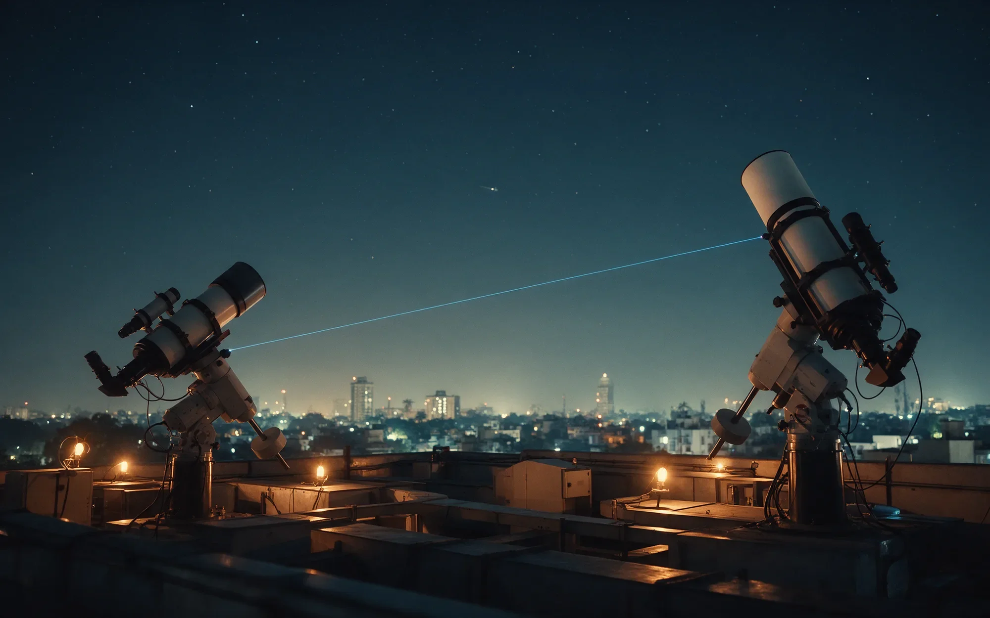 Two rooftop telescopes linked by a blue laser beam above a city at night