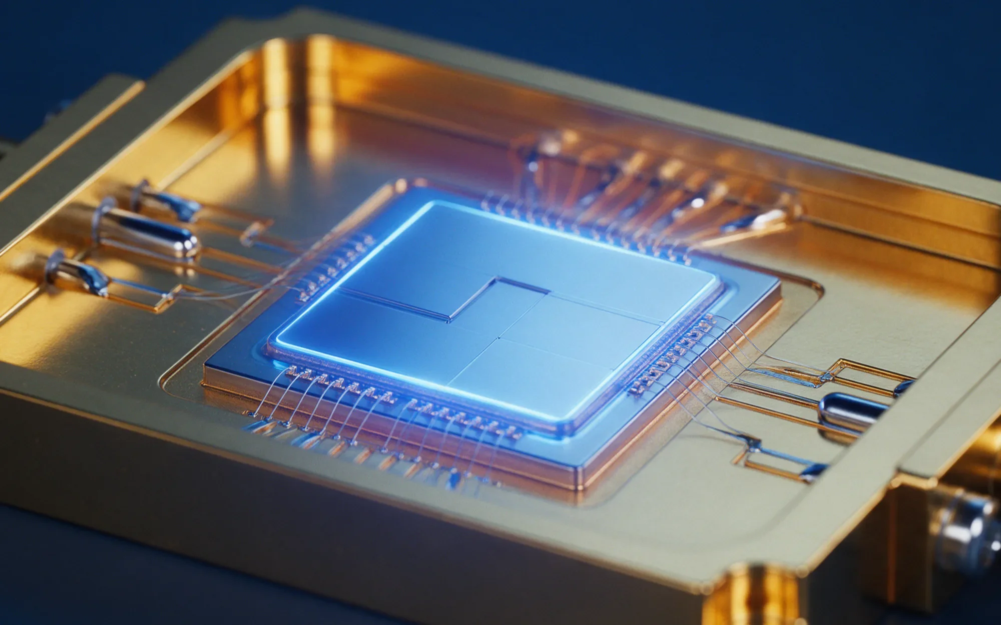 Close-up of a quantum processor chip in a gold sample holder