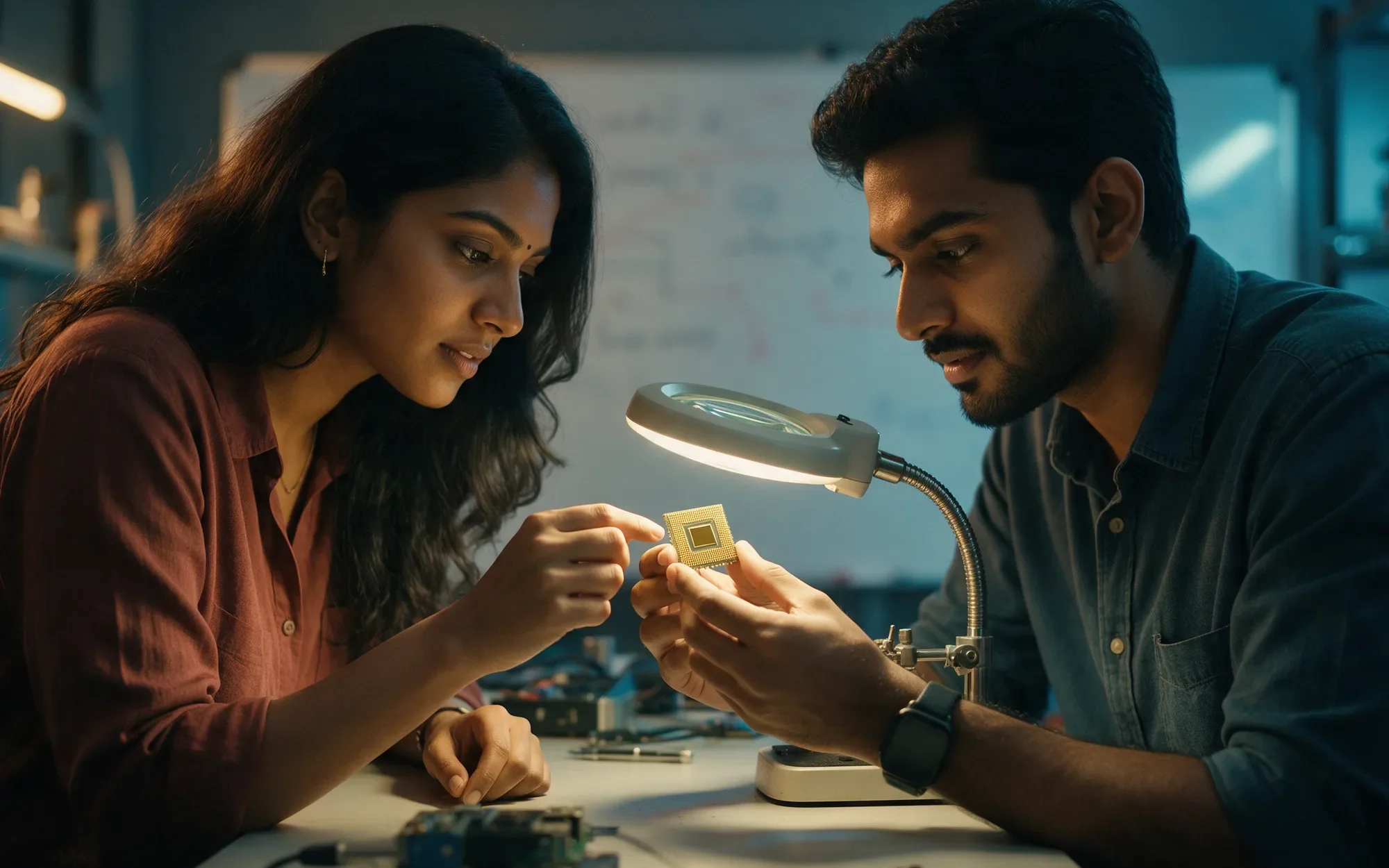 Two founders examining a small quantum chip under a magnifier lamp