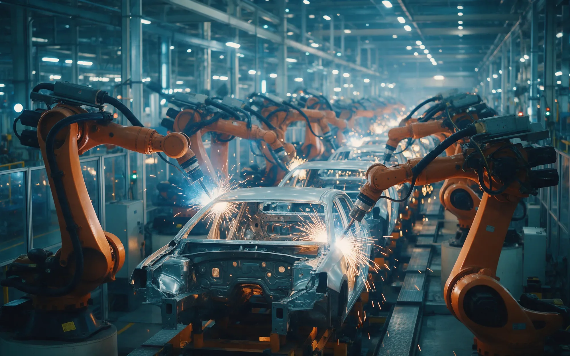 Orange robot arms welding car frames on a factory line