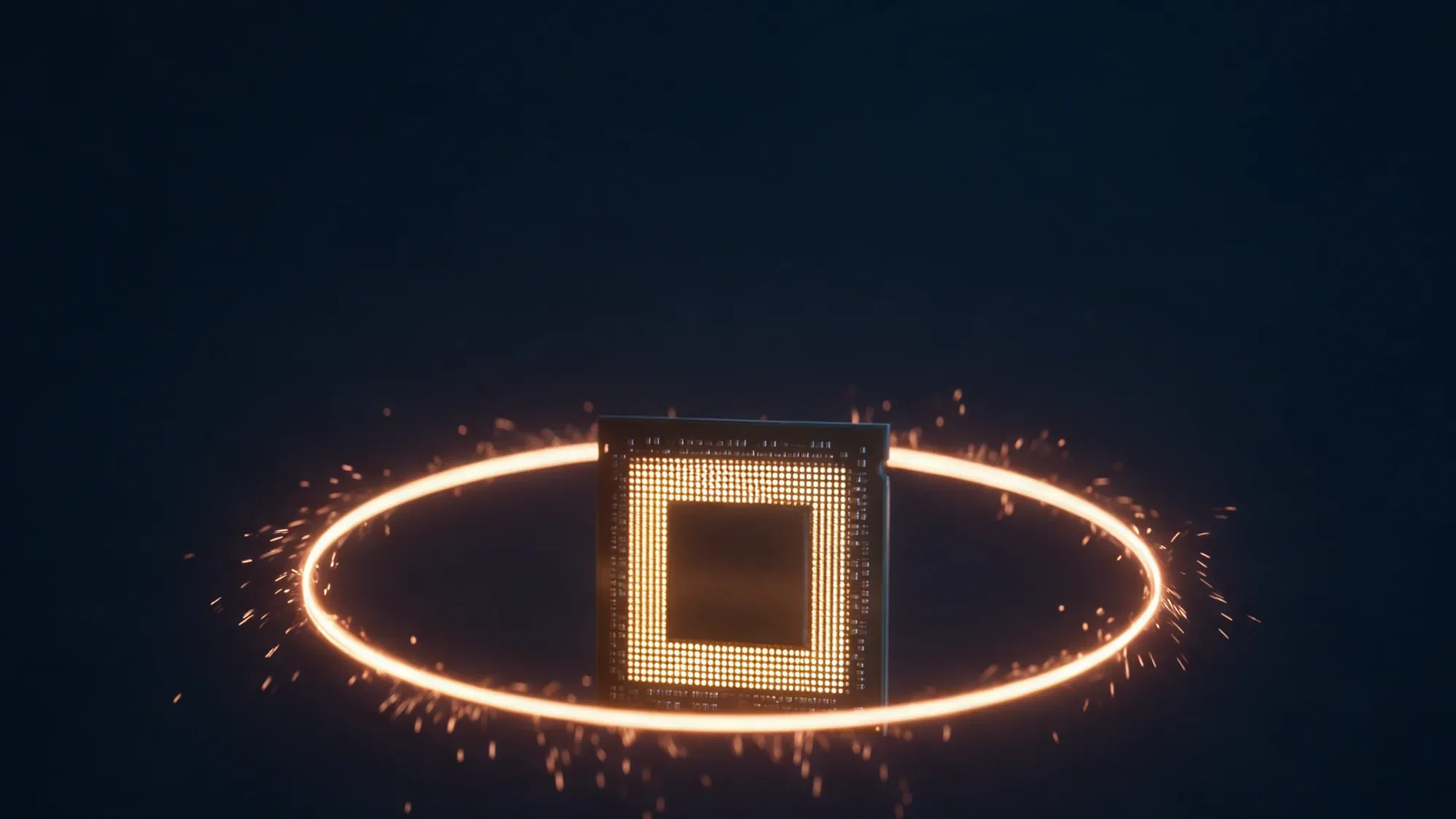 A ring of orange light orbiting a glowing microchip