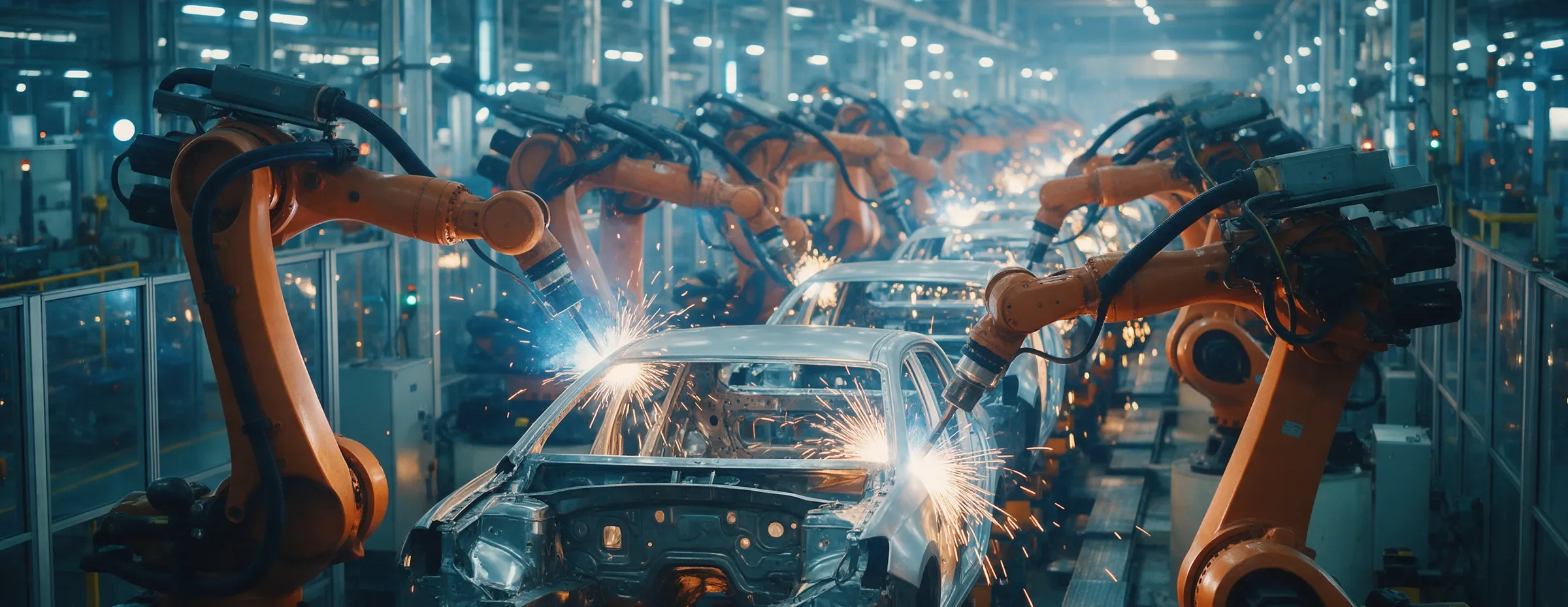 Robot arms welding car frames on a factory line