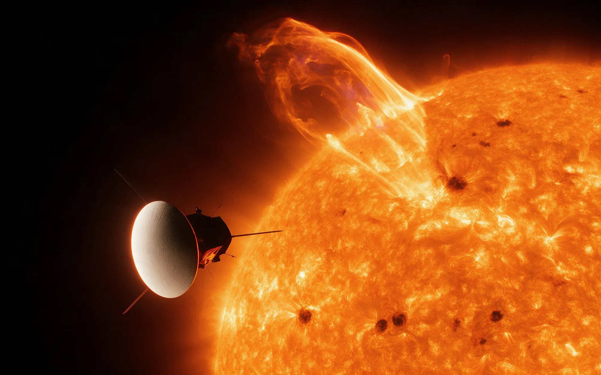 A spacecraft with a heat shield flying close to the Sun's surface