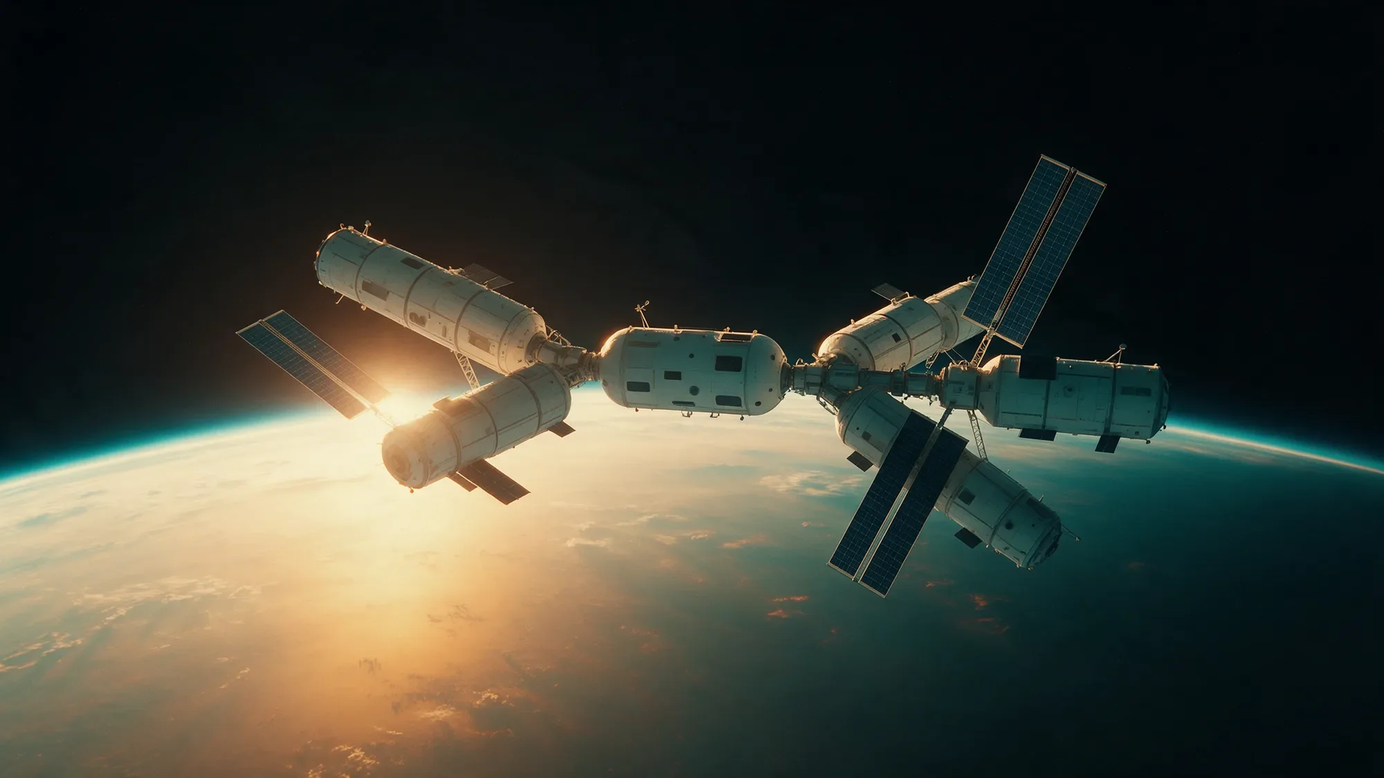 A modular space station orbiting above the Earth at sunrise