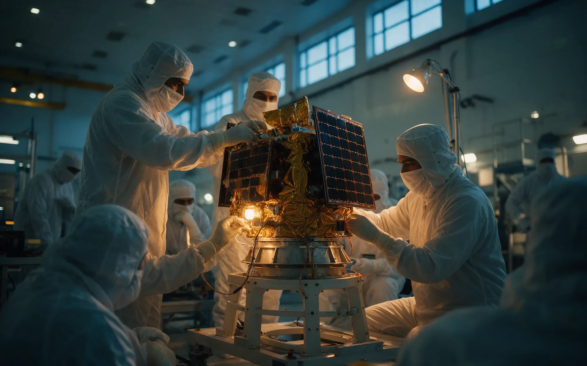 Engineers in clean-room suits assembling a small satellite
