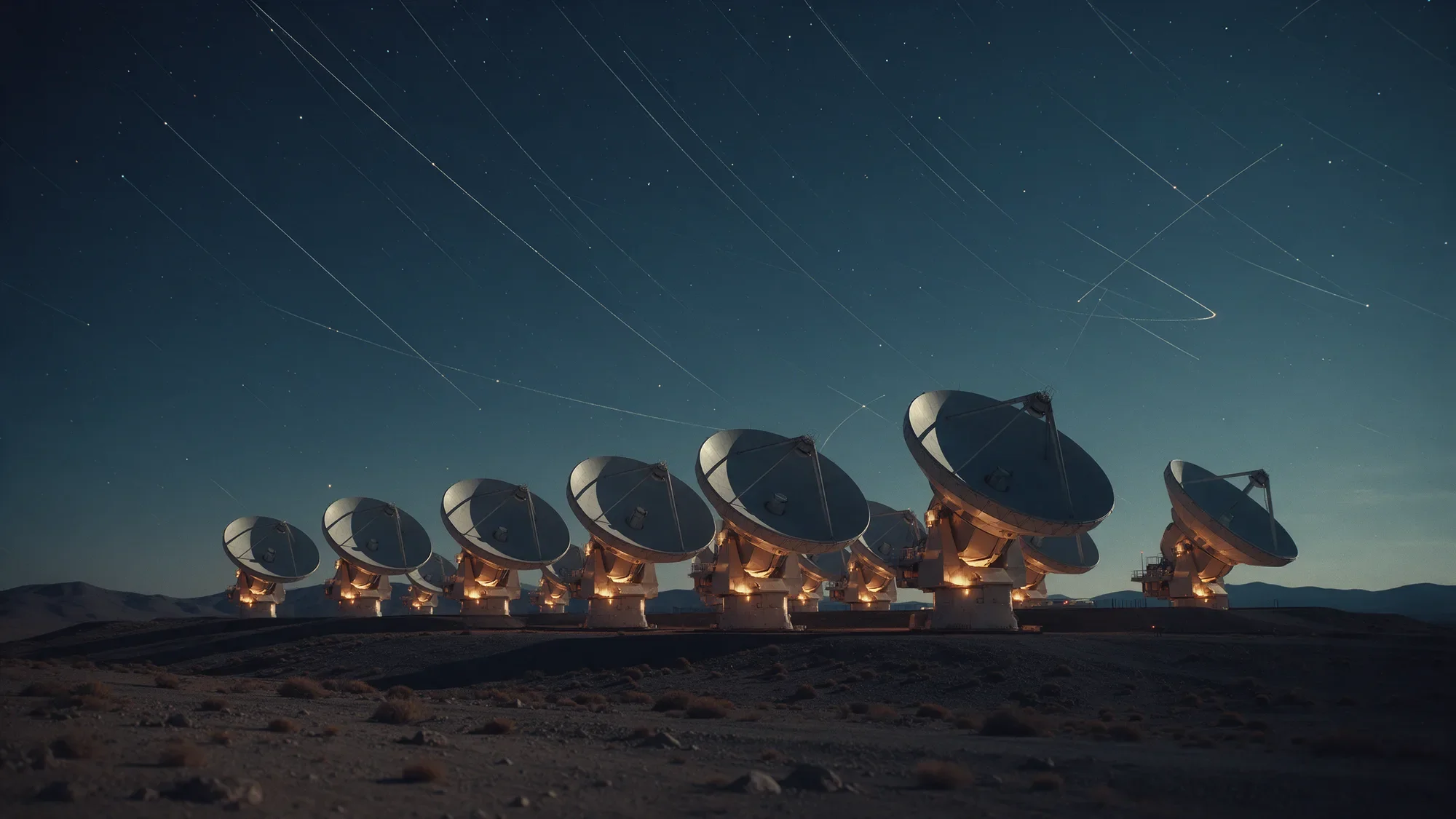 Radar dishes on a desert plateau under satellite trails at night