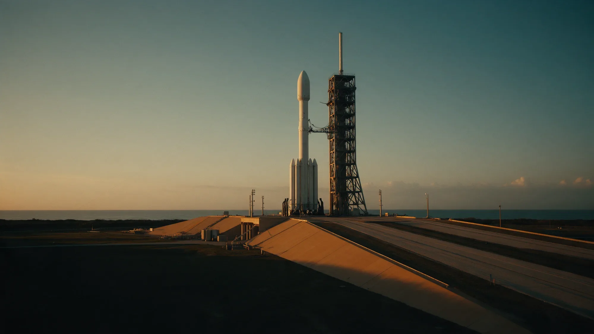 A rocket on its coastal launch pad at golden hour