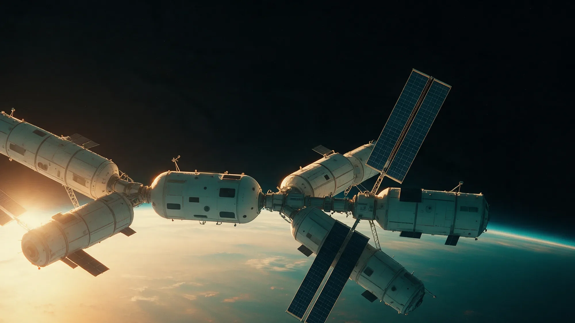 A space station module and solar arrays above the Earth