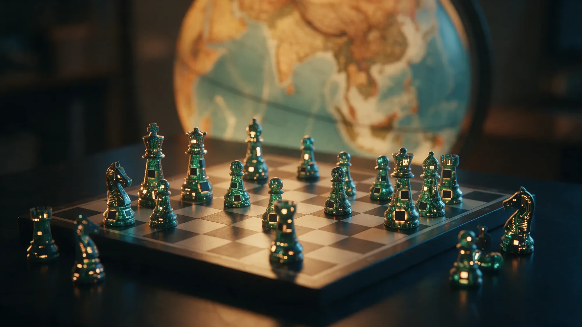 Chess pieces made of circuit boards in front of a globe